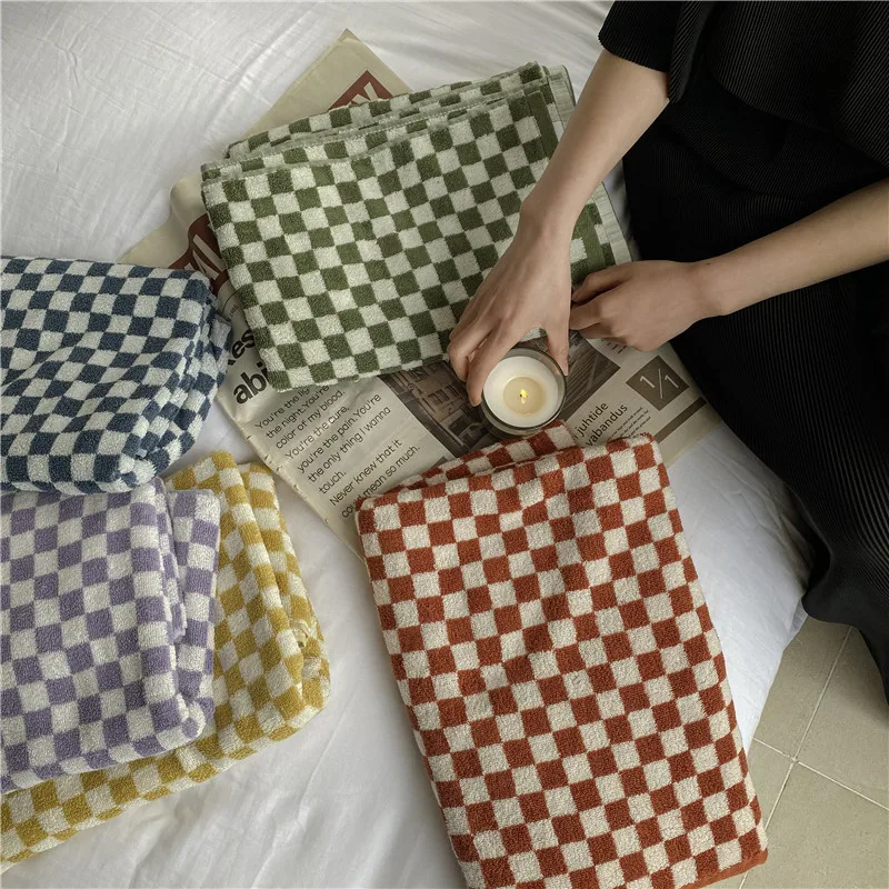 Retro Checkerboard Plaid Long-Staple Cotton Towel Washcloth Travel Hotel Bath Towel Bathrobe Camping Gym Portable Face Towels