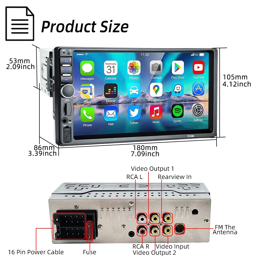 HIPPBQCC 7 Inch Car Radio 1 Din MP5 Multimedia Player Touch Screen FM ISO Power Aux Input Bluetooth USB Mirror Link Autoradio