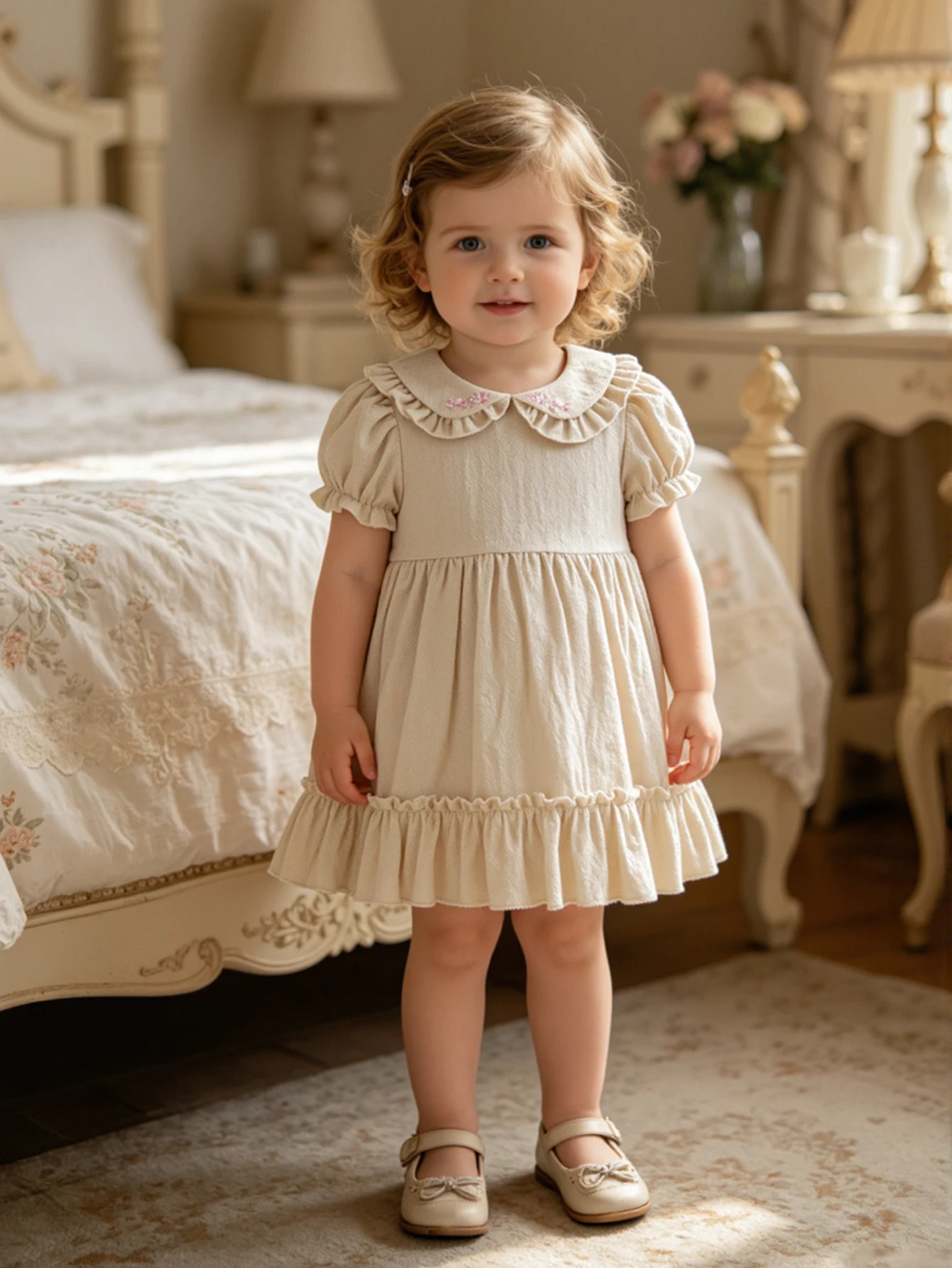 Baby Girls 0-3Y Embroidery Princess Collar Puff Sleeve Dress, Spring Summer Casual Daily Outfit