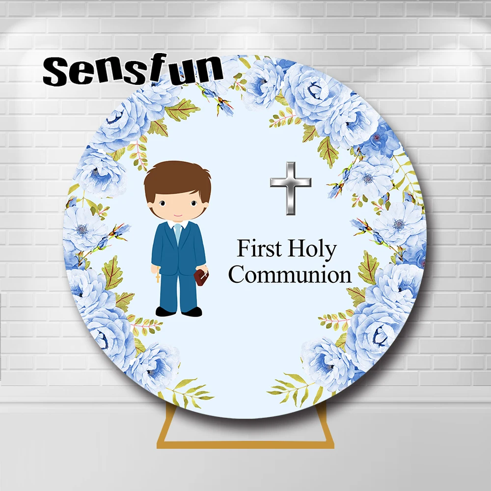 Mi Primera Communion خلفية مستديرة زهور زرقاء للأولاد معمودية أول حفلة مقدسة خلفيات تصوير مخصصة #1