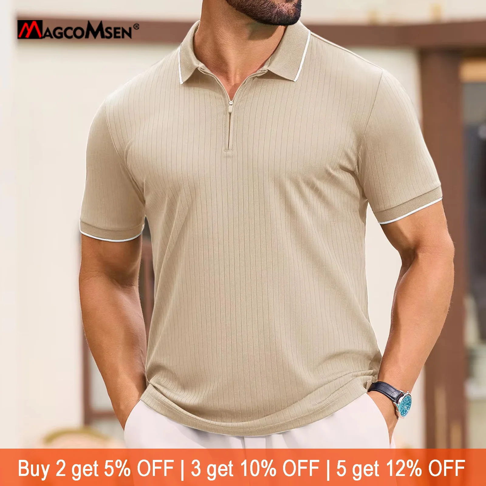 MAGCOMSEN Men's Summer Polo Shirts Quick Dry Breathable Stretch Knit Fabric Short Sleeve Casual Golf Tennis T-shirts with Quarte