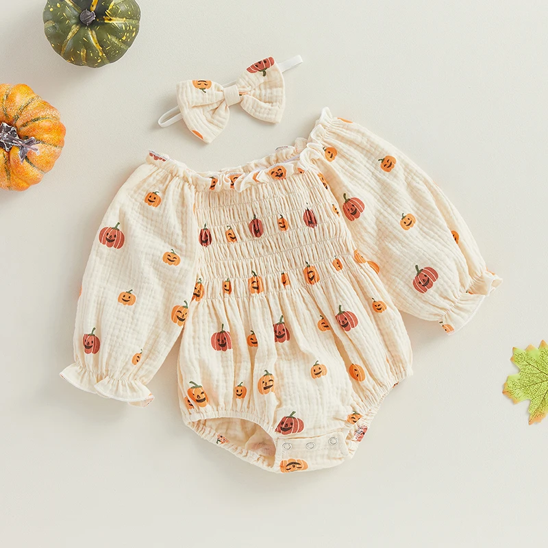 Baby Girl Halloween Bodysuit 2Pcs Cartoon Pumpkin Print Ruched Off Shoulder Long Sleeve Shorts Jumpsuit+ Bow Headband Streetwear