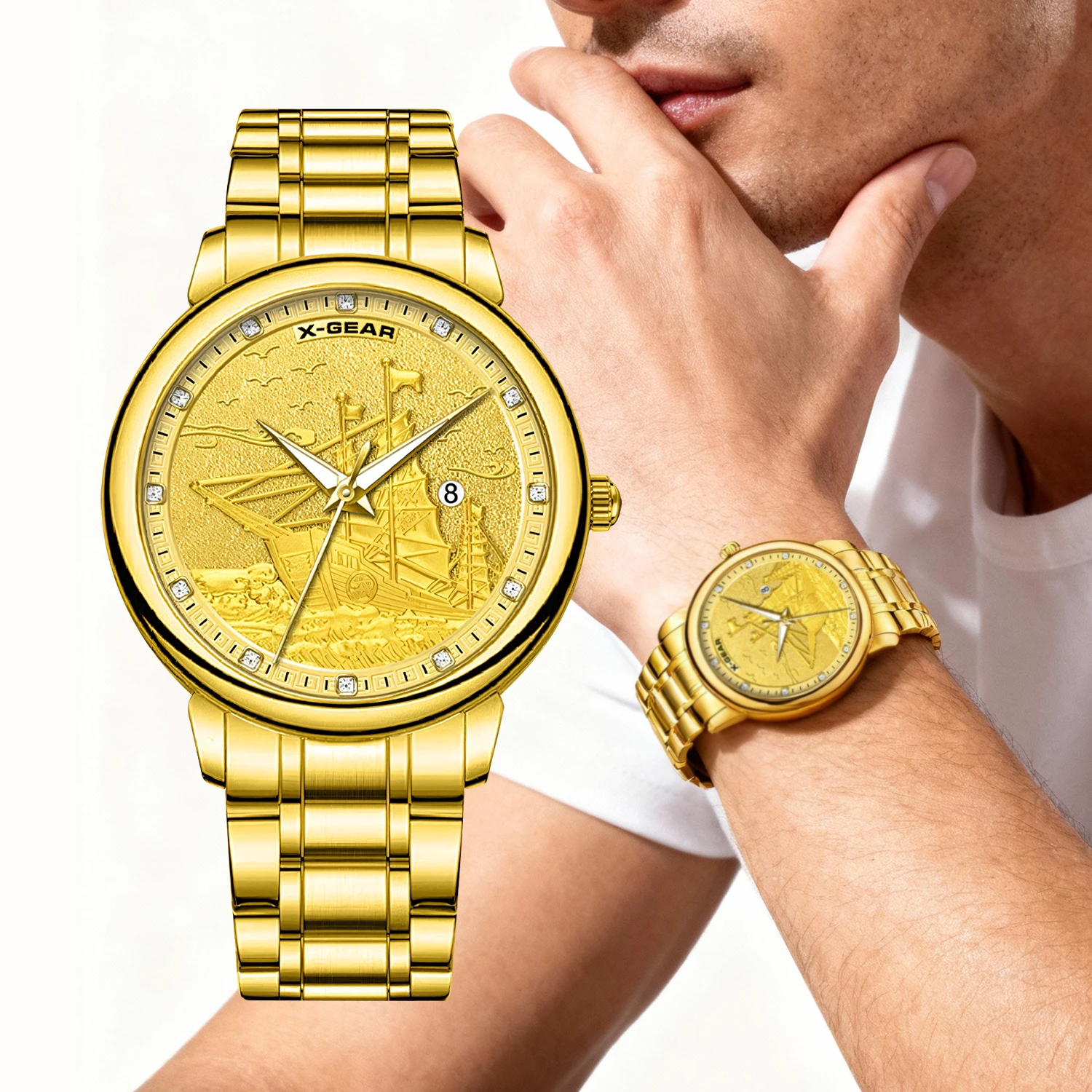 นาฬิกาข้อมือผู้ชาย X-GEAR รุ่น Golden Watch หน้าปัดทรงเรือ กันน้ำ พร้อมปฏิทิน ระบบควอตซ์ ตัวเรือนสแตนเลส