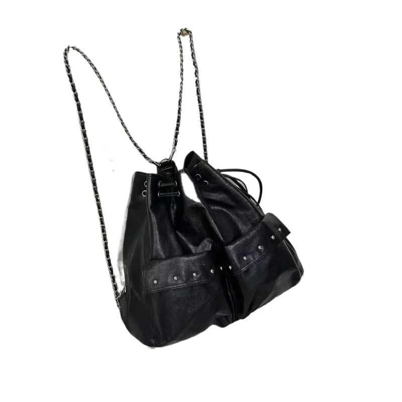 

Niche Summer Motorcycle Backpack 2026 Korean Trendy Double-shoulder Chain Large Capacity Rivet Backpack High Appearance Level