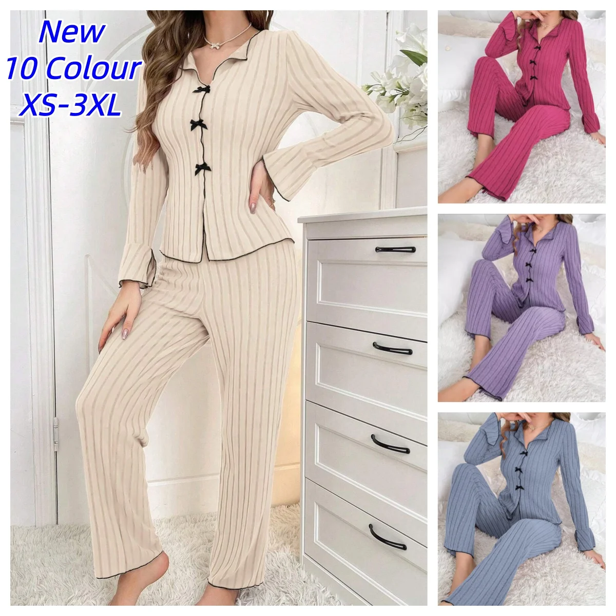 2-Piece Women's Autumn and Winter Pure Color Elegant Bow Women's Sleepwear Long-Sleeved Pants Pajama Set Leisure Home Clothing