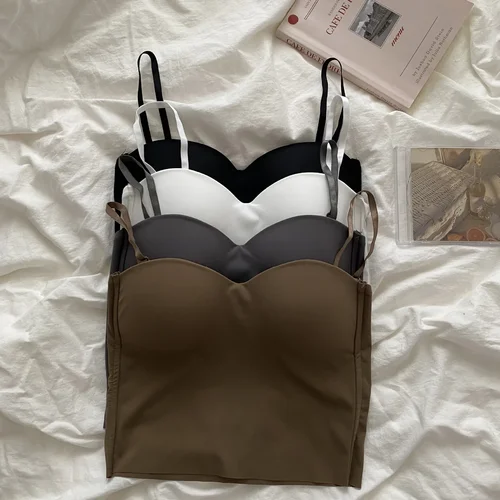 Top corto de realce para mujer, camiseta sin mangas Sexy con tirantes finos, corpiño de algodón sin mangas con almohadillas, camisola con corsé de seda helada de una pieza para verano