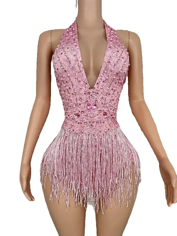 High Quality Rhinestone Tassel Sexy Hanging Neck Elastic Jumpsuit 2024 New Fashion Custom Women'S Clothing