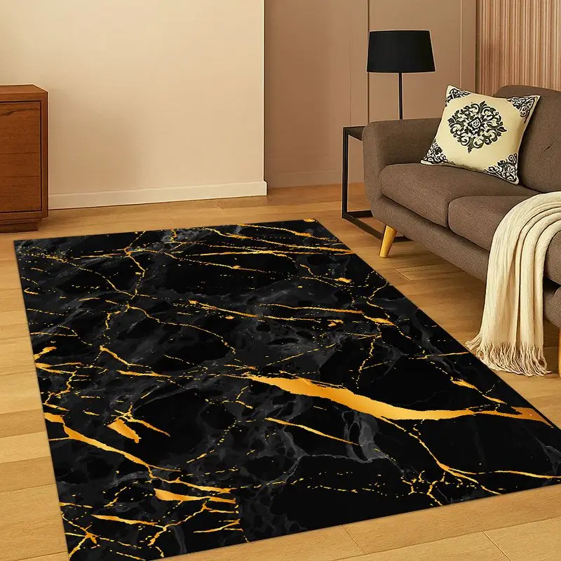 Luxuriöser Marmor-Teppich in Gold und Schwarz für Schlafzimmer, Wohnzimmer, Sofa, Spielzimmer, Fußmatte, Heimdekoration, Kinderbereich-Teppich, Rutschfest