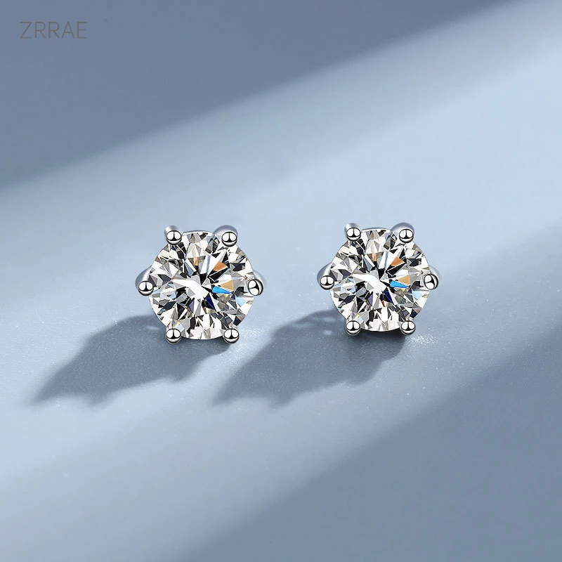 ZRRAE Classic 4 6 Claws Moissanite Diamond Stud Earrings Luxury 1CT 2CT Real 925 Sterling Silver For Women Wedding Fine Jewelry