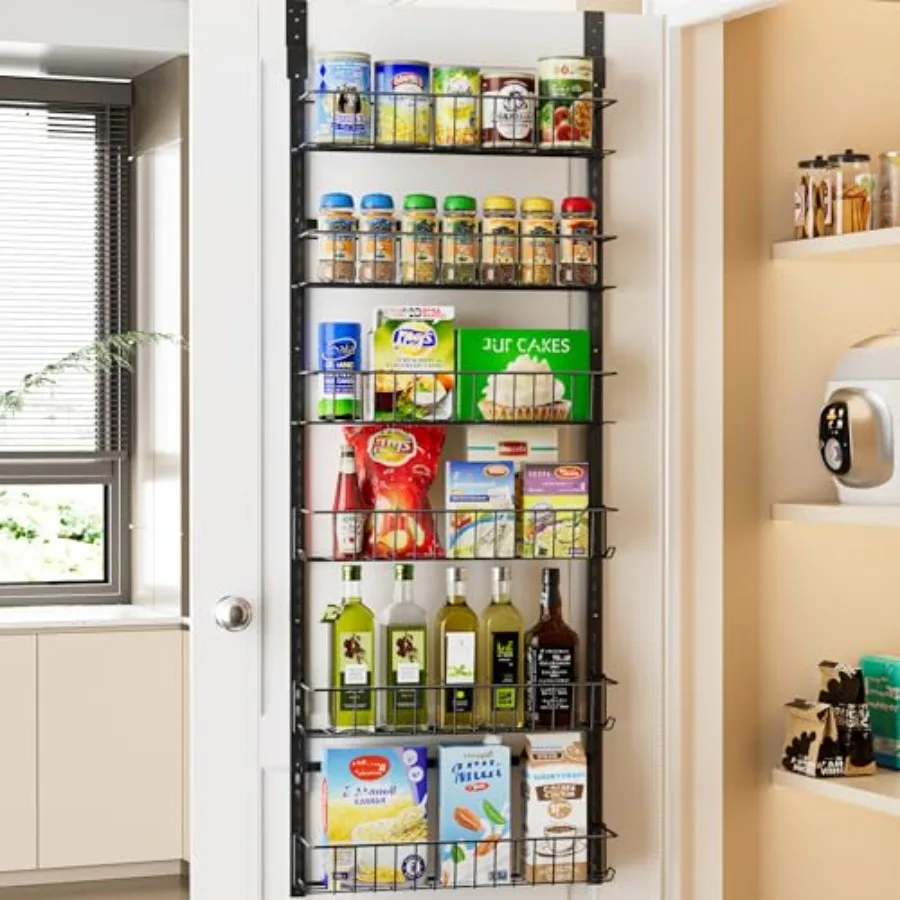 

Adjustable Cabinet Door Organizer, 6-Tier Hanging Spice Rack Organizer, Metal Over the Door Pantry Organizer, Pantry Organizers