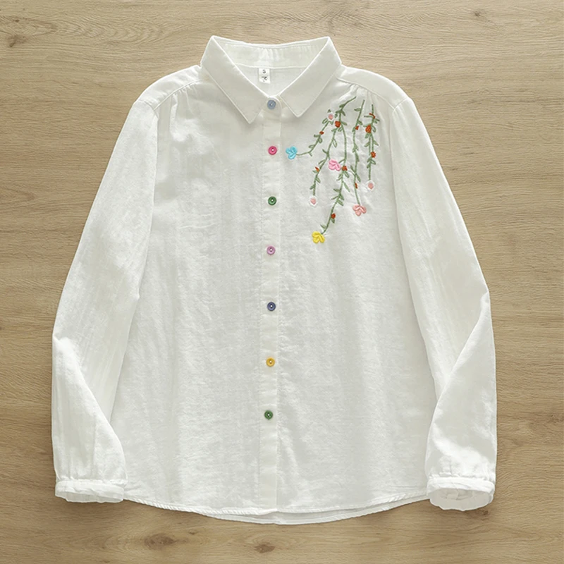 

Autumn Double-layer Cotton Long-sleeved Blusa Women Clothing Embroidered Colorful Florets With Artistic Shirts & Blouses U133