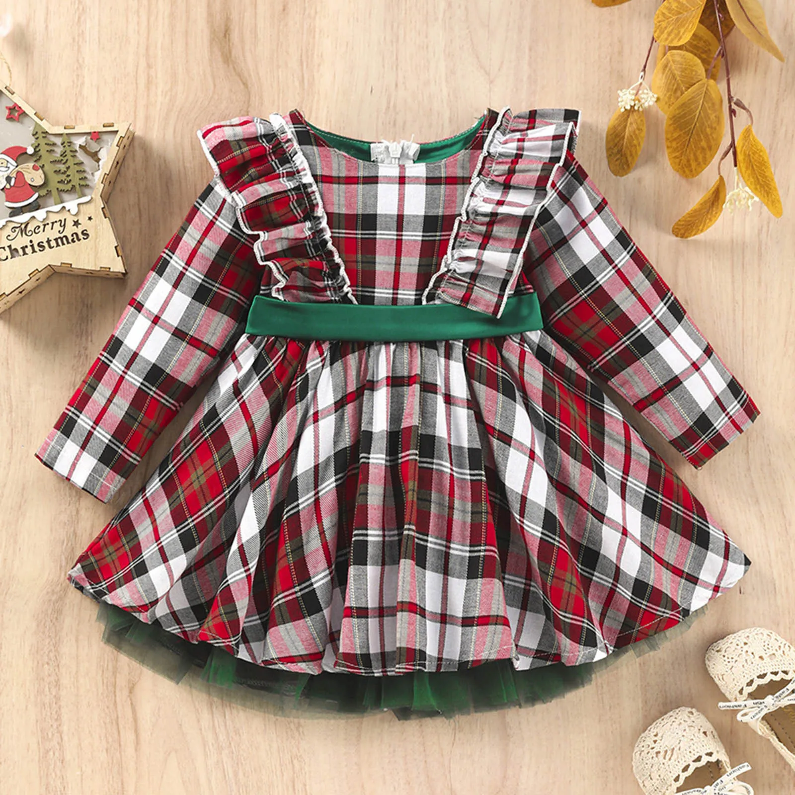 Girls 'Christmas Long Sleeve Plaid Prints Vestido de princesa, Xmas Party, Back Bowknot, Babados Vestidos, Outono, Inverno