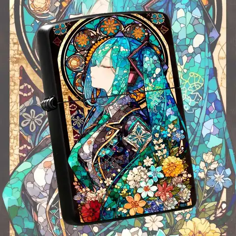 Isqueiro a Querosene Reutilizável com Tampa Flip-Top à Prova de Vento, com Estampa Vintage de Vitral Estilo Miku, Isqueiro Portátil Recarregável com Design Exquisito Temático de Anime, Ideal para Uso Pessoal e Presentes Criativos
