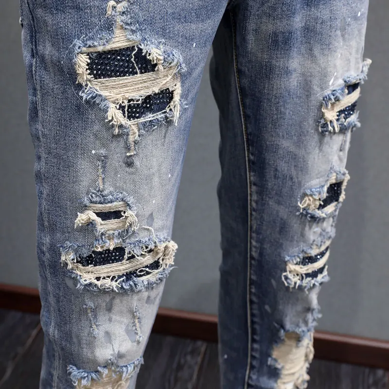 Street Fashion Men Jeans Retro Washed Blue Stretch Skinny Fit Painted Ripped Jeans Men Patched Designer Hip Hop Brand Pants