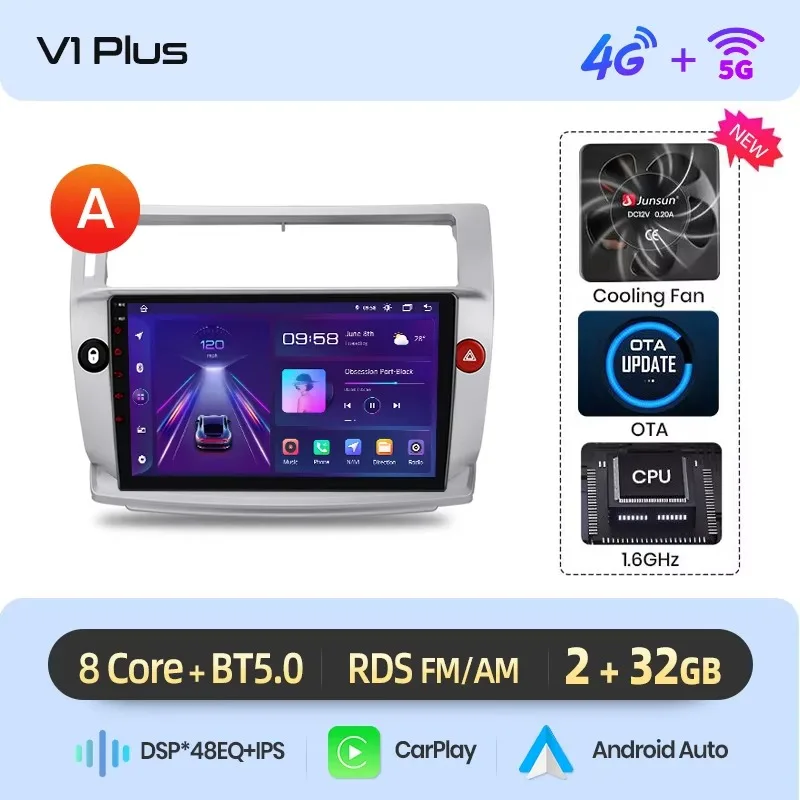 Junsun draadloze CarPlay Android Auto autoradio voor Citroen C4 Mk1 (LA/LC) 2004-2011 met ingebouwde koelventilator, Android GPS navigatie, multimediaspeler, WiFi, DSP, RDS, BT, SWC, IPS touchscreen,