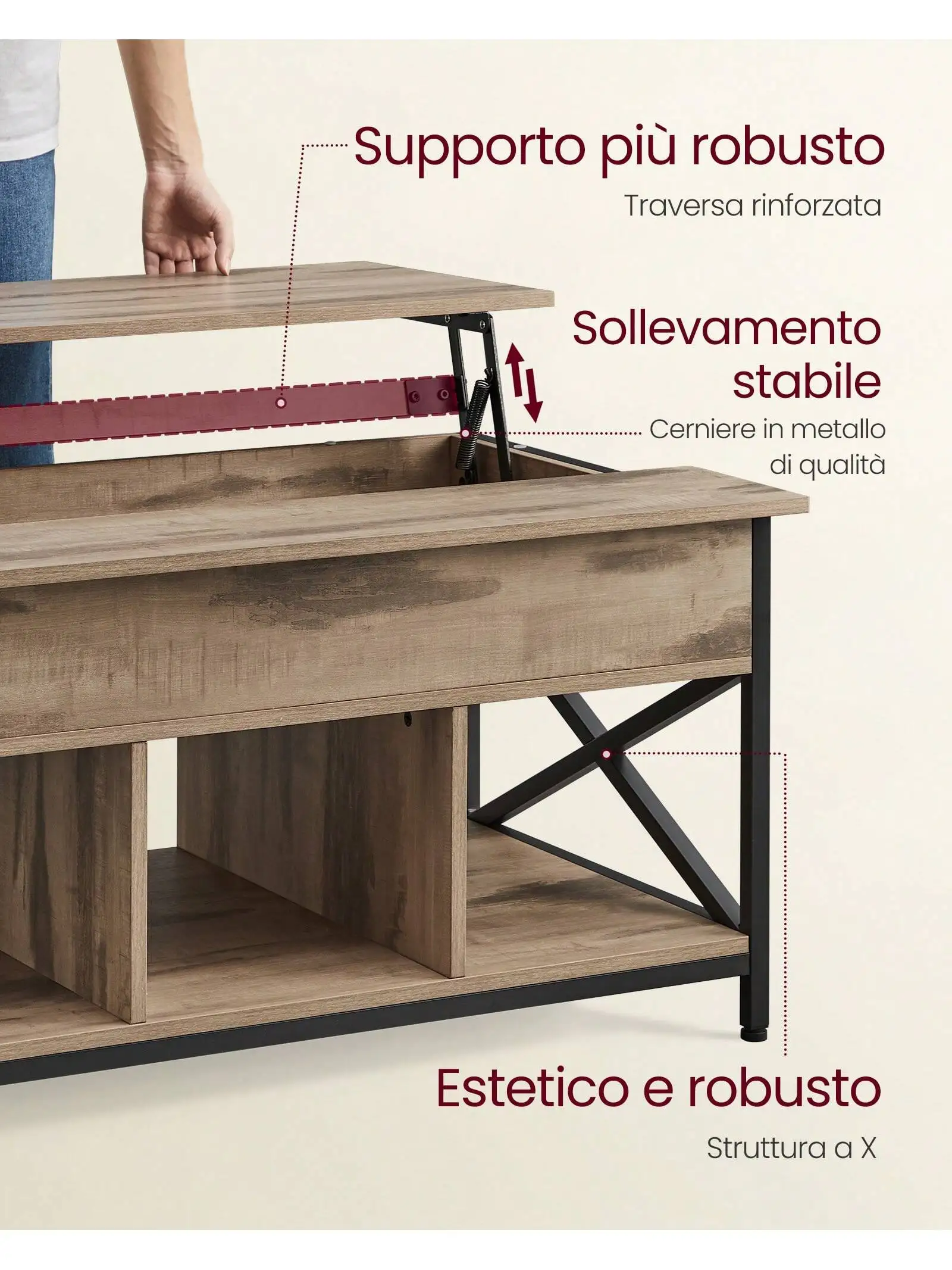 VASAGLE tavolino elevatore: aperto/nascosto, barre a forma di X. 60 x100x(48-62) cm. Ideale per il soggiorno.