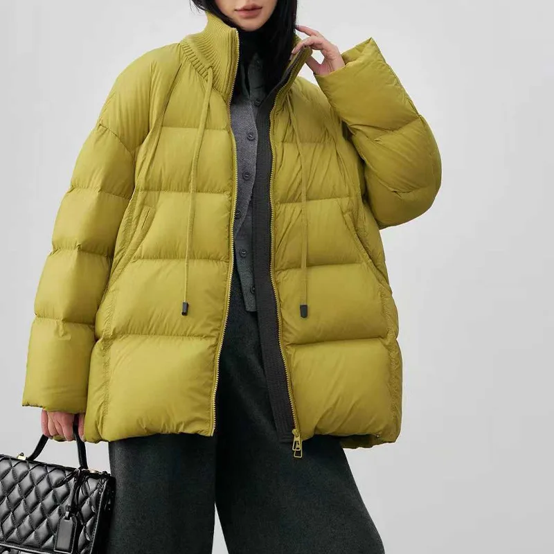 2025 Women's Winter 90% Duck Down Jacket With Drawstring and Ribbed Collar Knitted Patchwork Oversized Warm Puffer Coat