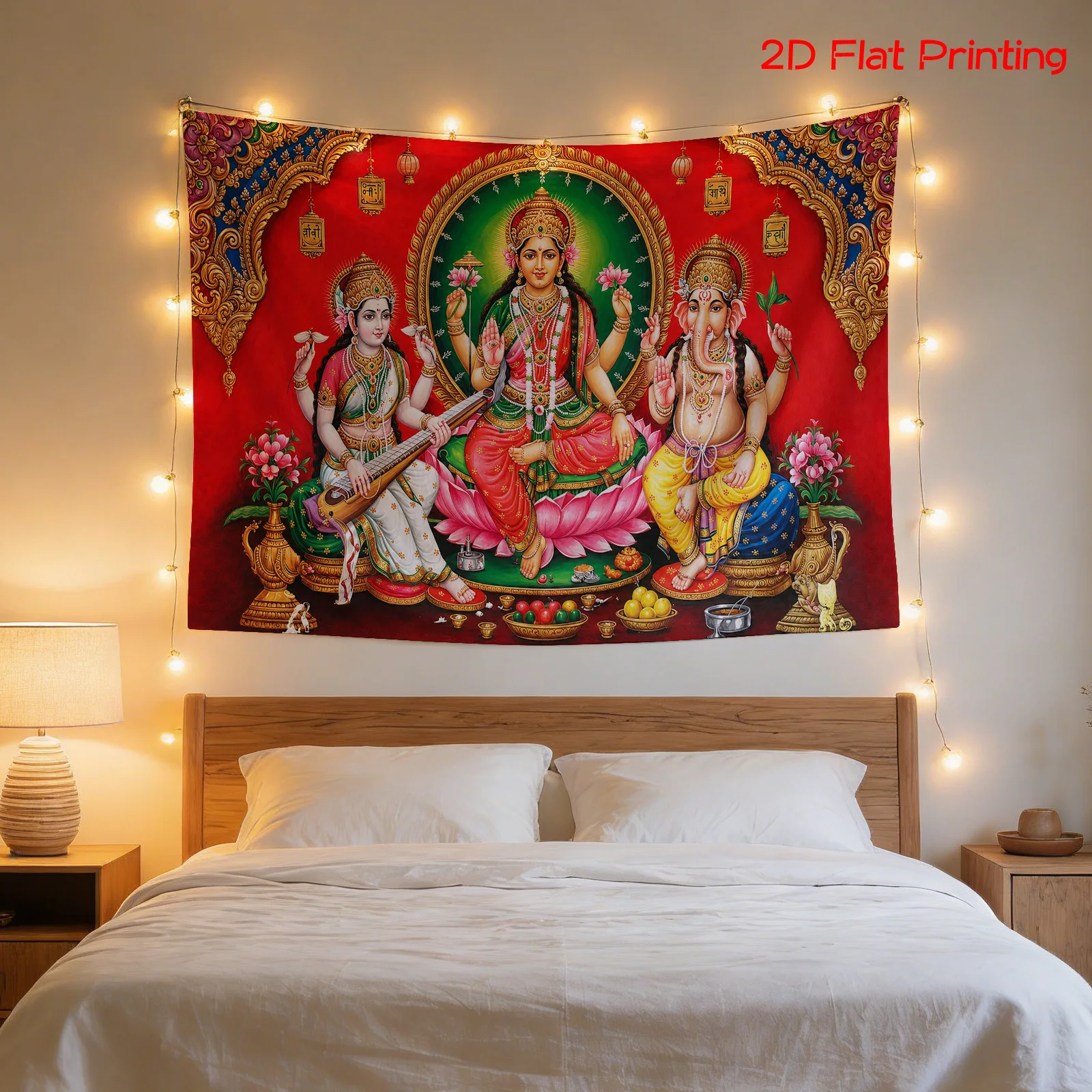 Hindu Gods Tapestry, Ganesha Lakshmi Saraswati Wall Hanging Red Indian Deity Art Decor Spiritual Yoga Room Meditation Background