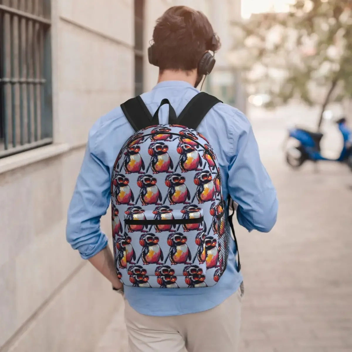 Colorful Penguin With Headphones Cartoon Student Backpack School Bag Hiking Travel Daypack for Men Women Bookbag Shoulder Bags