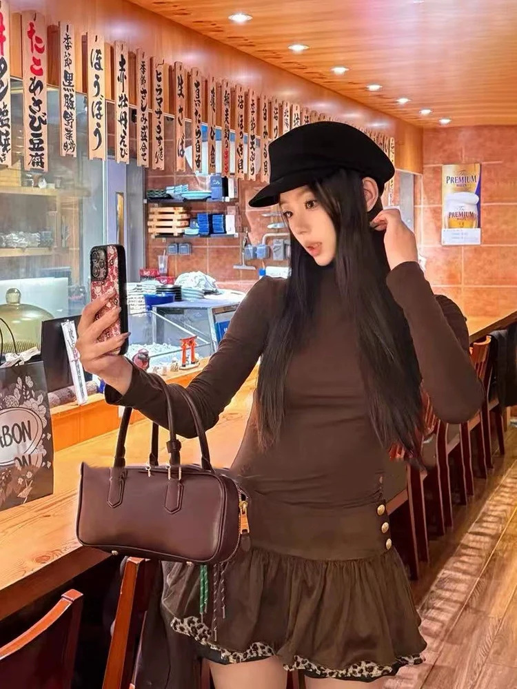 

XZY plus Size Pure Desire High Ne Heavy Embellied Diamond Leopard Print Skirt Set Women's Winter Sexy f Skirt Set