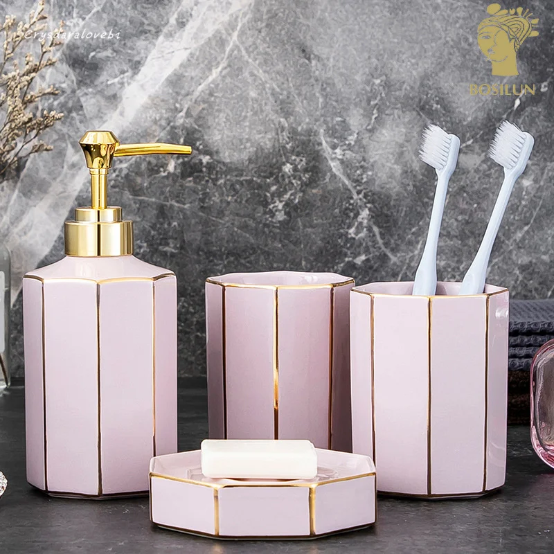 

Ceramics Bathroom Set 4-piece Bathroom Set Green Pink Mouthwash Cup Soap Dish Lotion Bottle Bathroom Decoration Accessories
