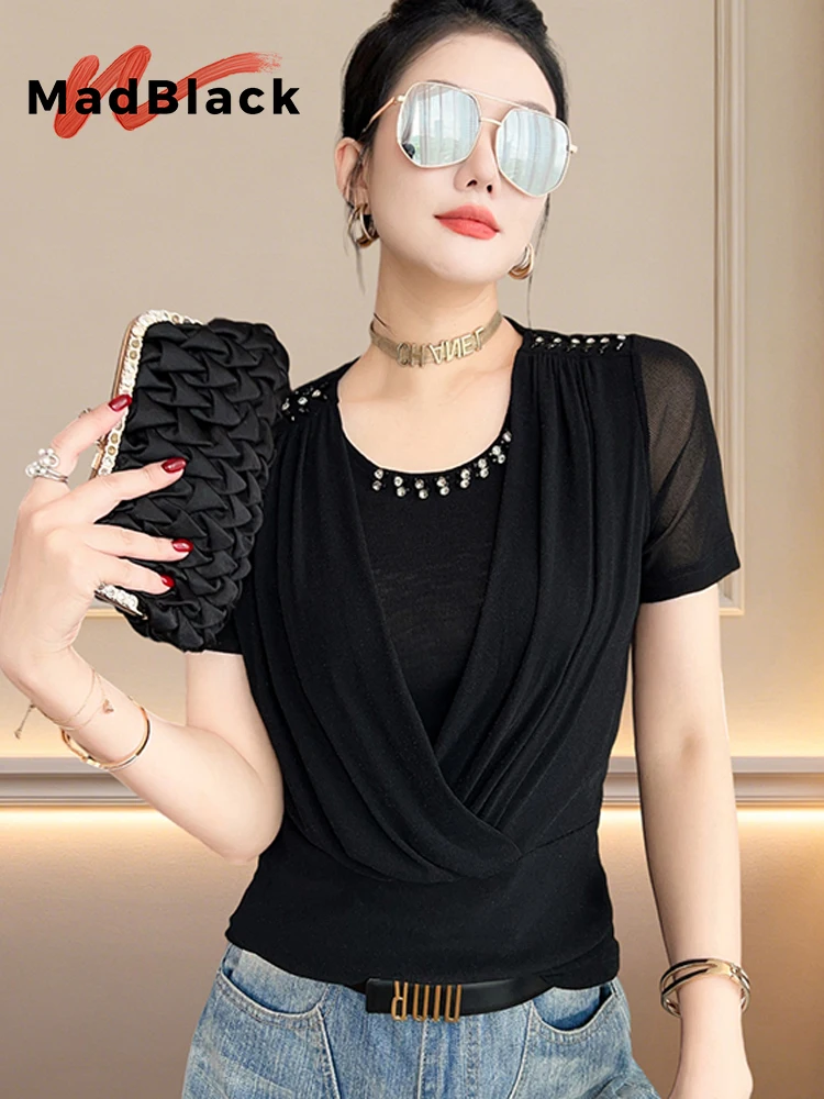 

MadBlack-Women European T-Shirt, Sexy O Neck Beading Folds, Streetwear Short Sleeve Slim S-3XL Mesh Tee, 2026 Summer T66146CC