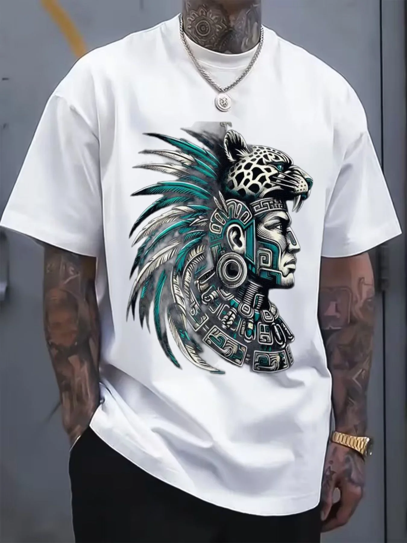 Men'S T-Shirt Featuring, Showcasing Intricate Patterns And Stylized Profile Art. This Casual Summer Wear Is Tattoo-Friendly And Versatile for Parties, Beach Outings, And Sports Activities