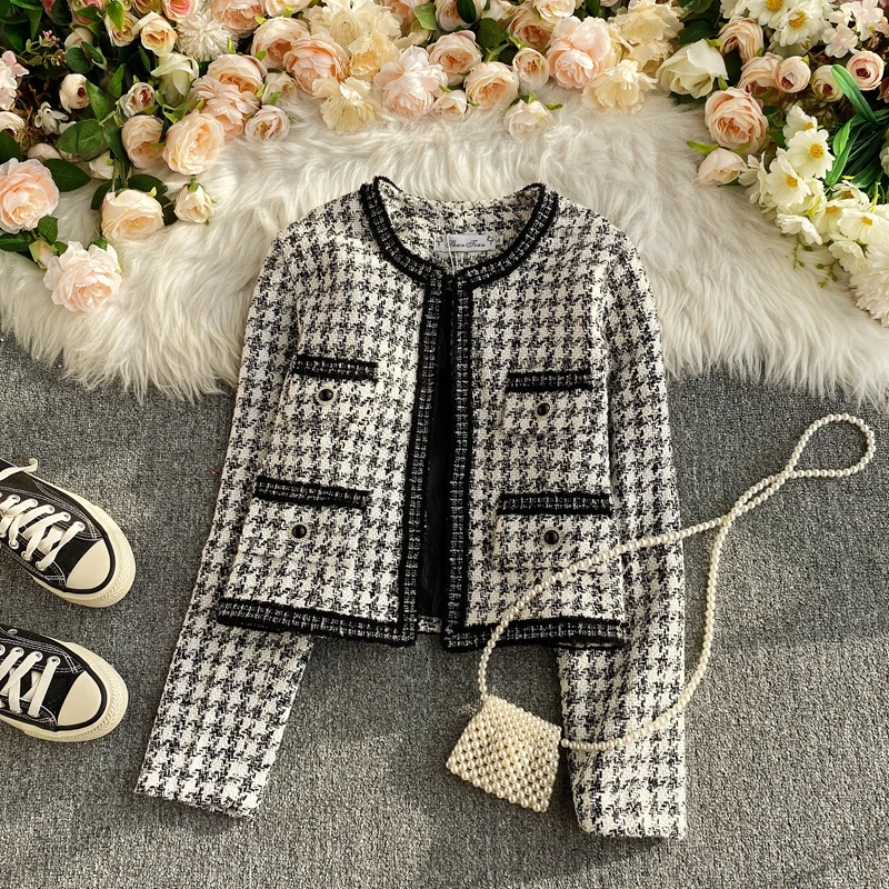 Color Block Plaid Short Coat Long Sleeve Knitwear Elegant Style Korean Version Autumn Winter Women's Fashion Outerwear