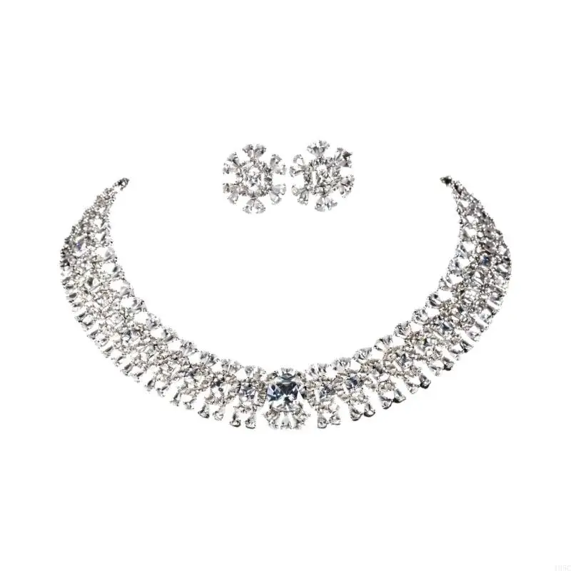 195C Elegant Flower Jewelry Set Beautiful Crystal Necklace Studs Earrings Suitable for Layering and Enhancing Evening Outfit