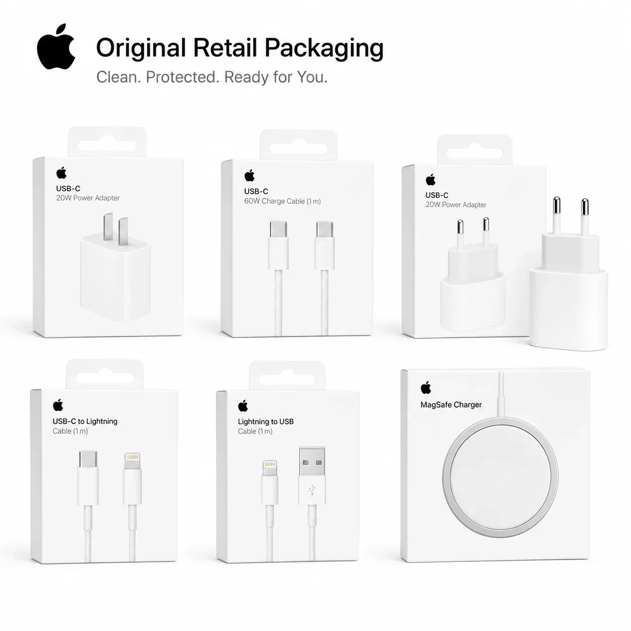 Original Apple 20W 5W USB-C Power Adapter EU US Plug Fast Charger 1m USB-C to USB-C Lightning USB-A Cable 25W MagSafe for iPhone