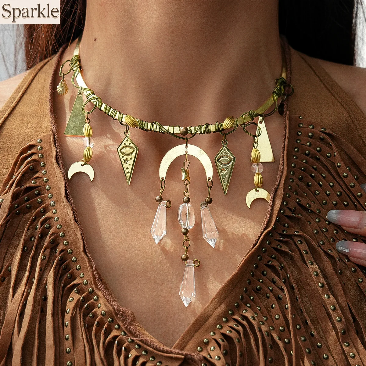 

Exaggerated Vintage Glass Triangle Crystal-Shaped Moon Water Drop Pendant Necklace For Women Choker Fashion Neck Jewelry Gift