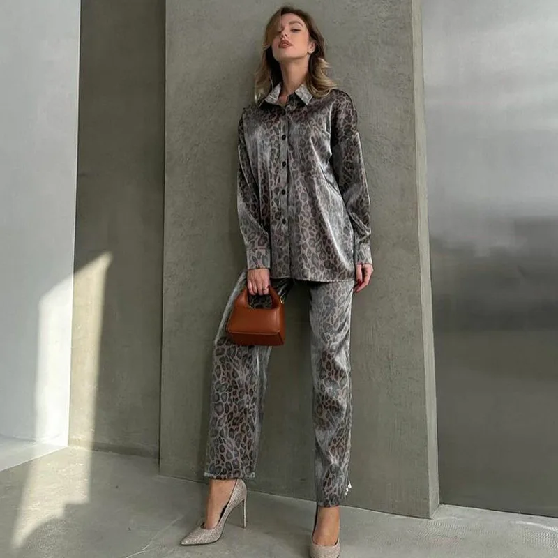 Fashion Brown Leopard Print Set Pajamas For Women 2 Pieces Silk Sleepwear Long  Sleeve Button Shirts Drawstring Pants Lounge Set