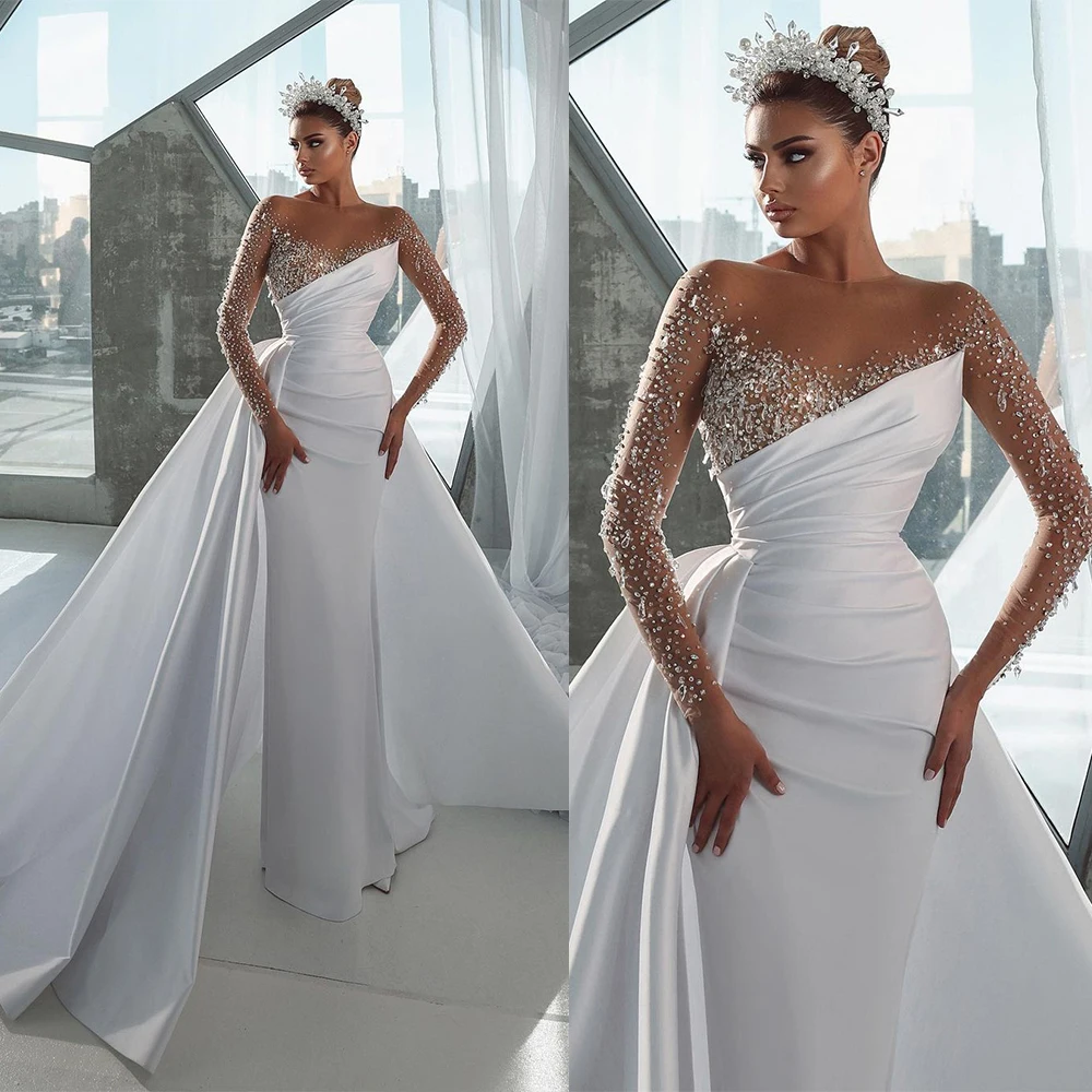 

Modest Mermaid Illusion Bridal Gowns Sheer Neck Jewel Wedding Dress Custom Made Crystals Beading with Train Vestido de novia