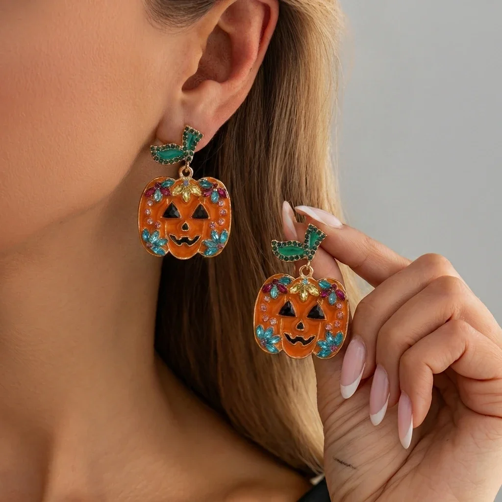 Halloween Enamel Pumpkin Imitation Pearl Stud Earring for Women Punk Rhinestone Lantern Witch Hat Earrings Party Jewelry Gift