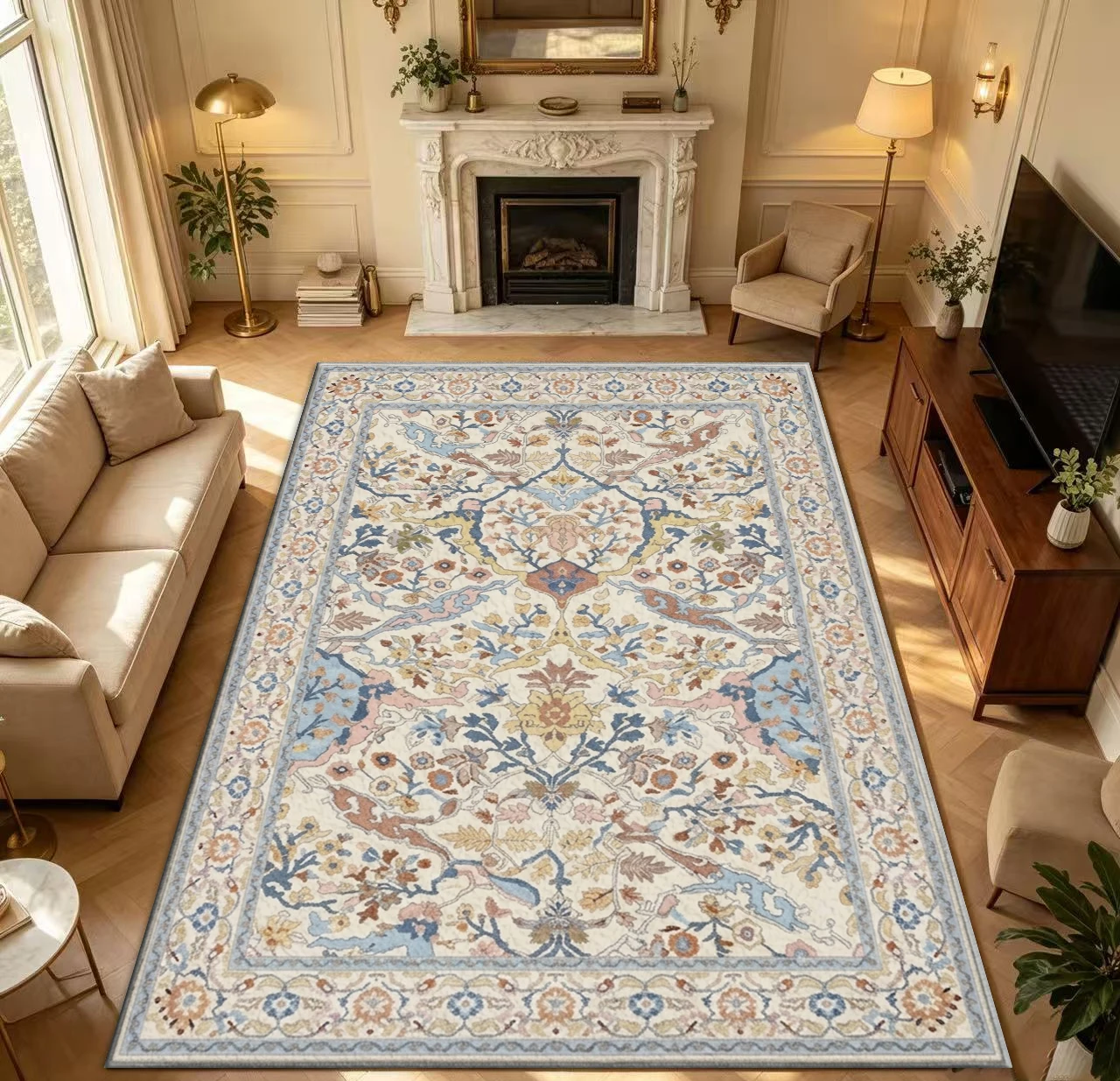 Vintage Cream Color Oriental Persian Floral Carpet Soft and Gentle Mosaic Pattern Non-Slip Washable Floor Rug Home Decoration