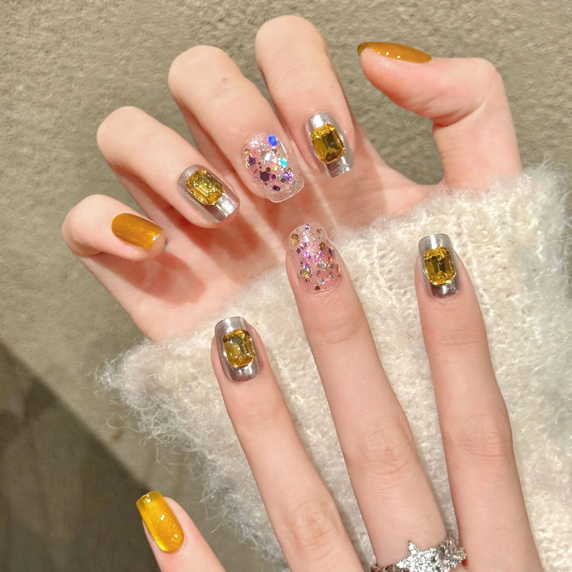 10PCS Coffin Handmade Press On Nails,Gold Glitters with Magic Colors, Cat's Eye Mirror Luxurious, Suitable For Parties And Daily