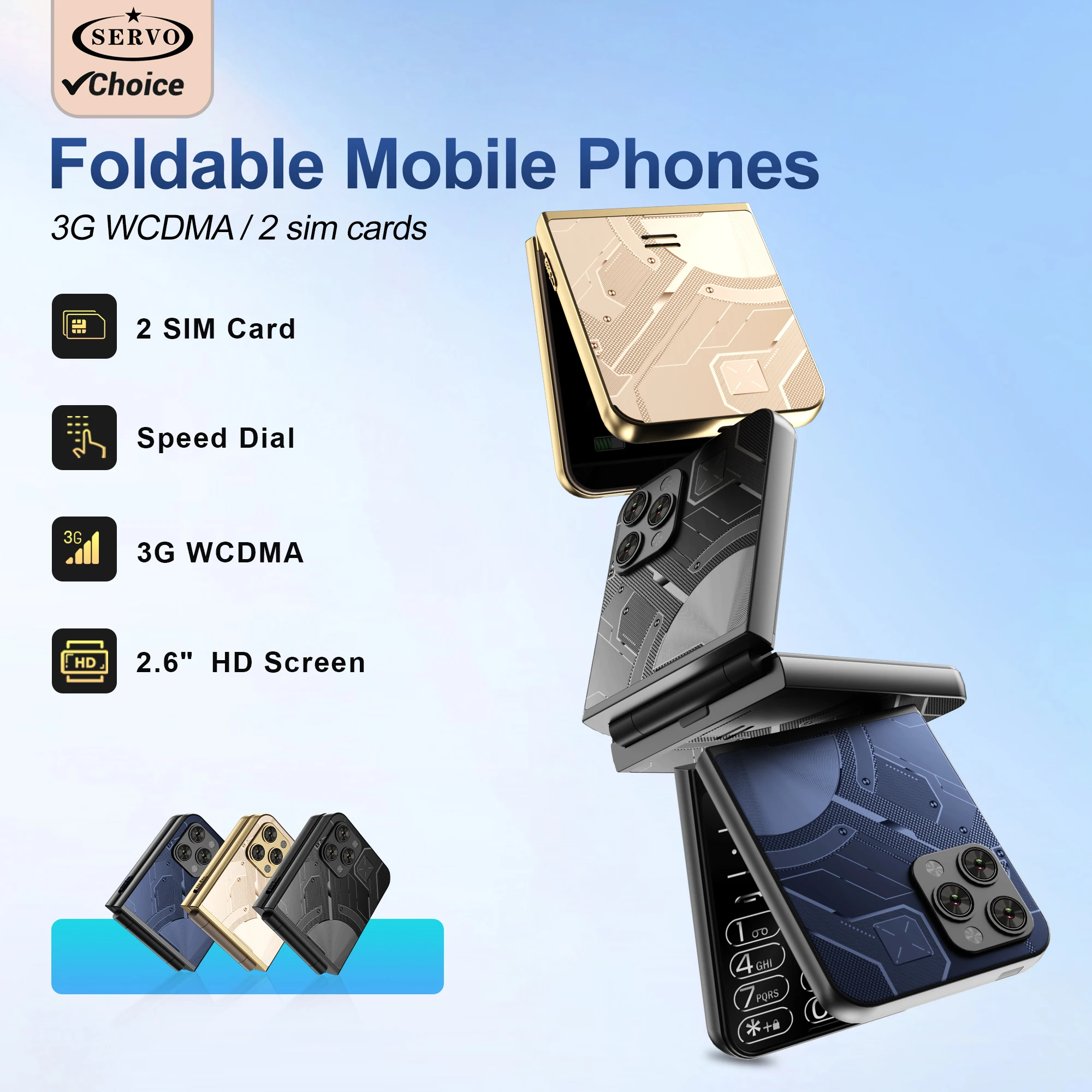 SERVO Flilo9 Dual SIM Foldable Mobile Phone Speed Dial Call Record Blacklist 3G WCDMA 2.6 inch Flip Button Mobile Phone FM Radio