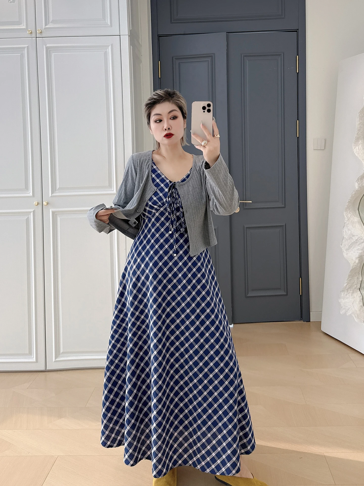 

plus Size Retro A-Line Skirt Set Checkered Cardigan Dress Two-Piece Set Comfortable Casual Spring Summer Fashion for plus Siz...