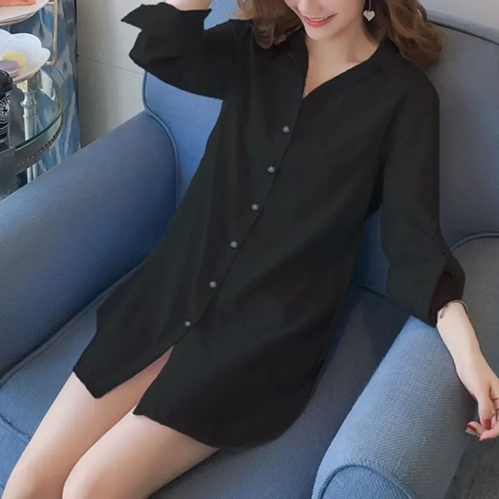 Women Button Up Mini Dress Women's Casual Shirt Dress Spring Summer Mid-length Lapel Long Sleeve Single Breasted Solid Color