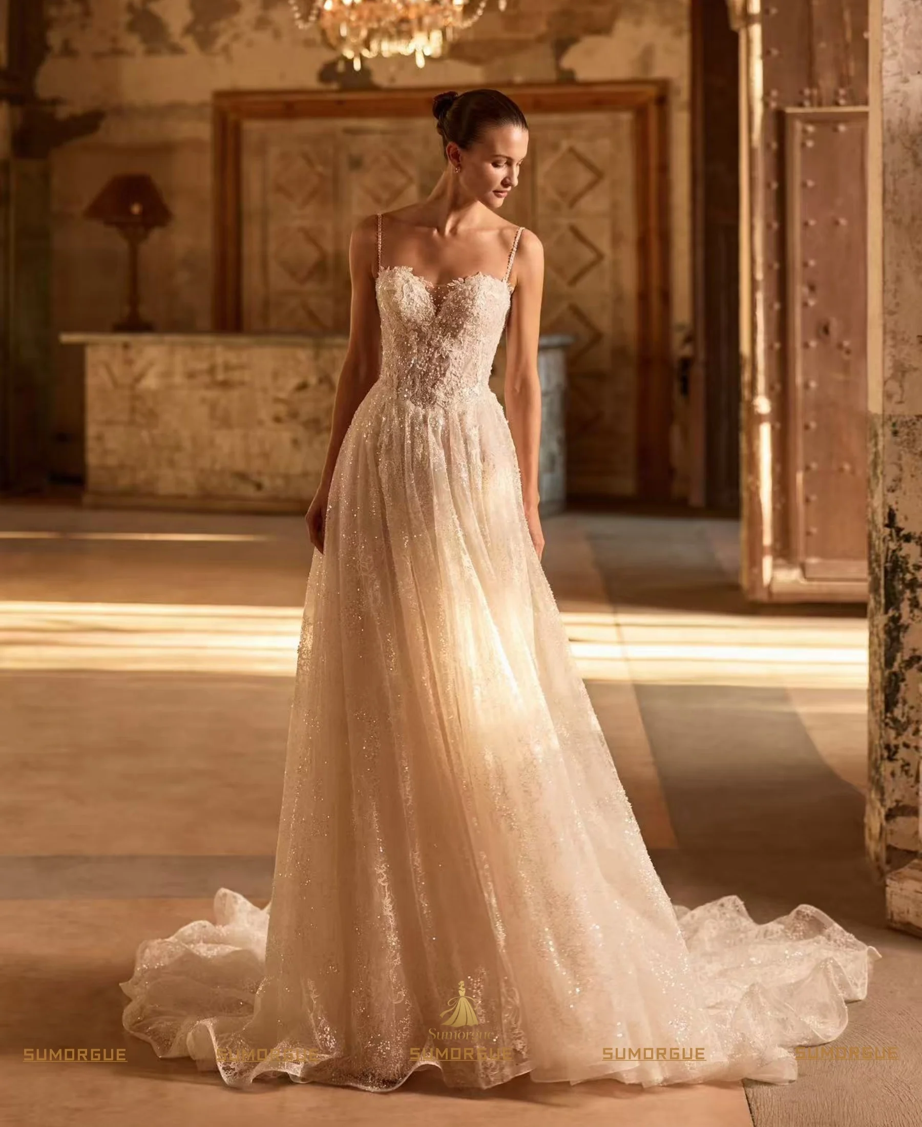 Spaghetti Strap Sparkly Lace A‑Line Wedding Dress Sweetheart Bodice Court Train Bridal Gown HIgh-end Customized Vestido de novia
