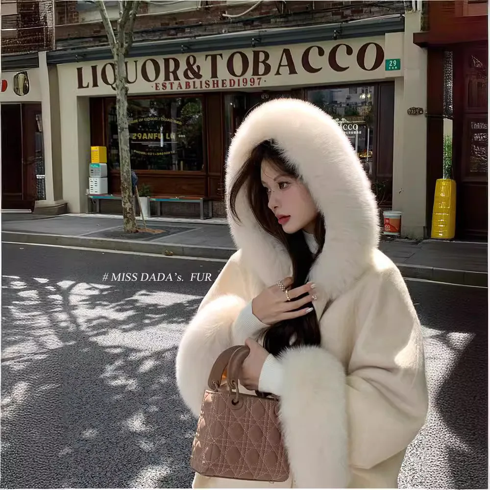 

CXFS Fashion 2025 Autumn Winter New High-end Hooded Fox Fur Double-sided Cashmere Coat Women's Cloak Woolen Jacket