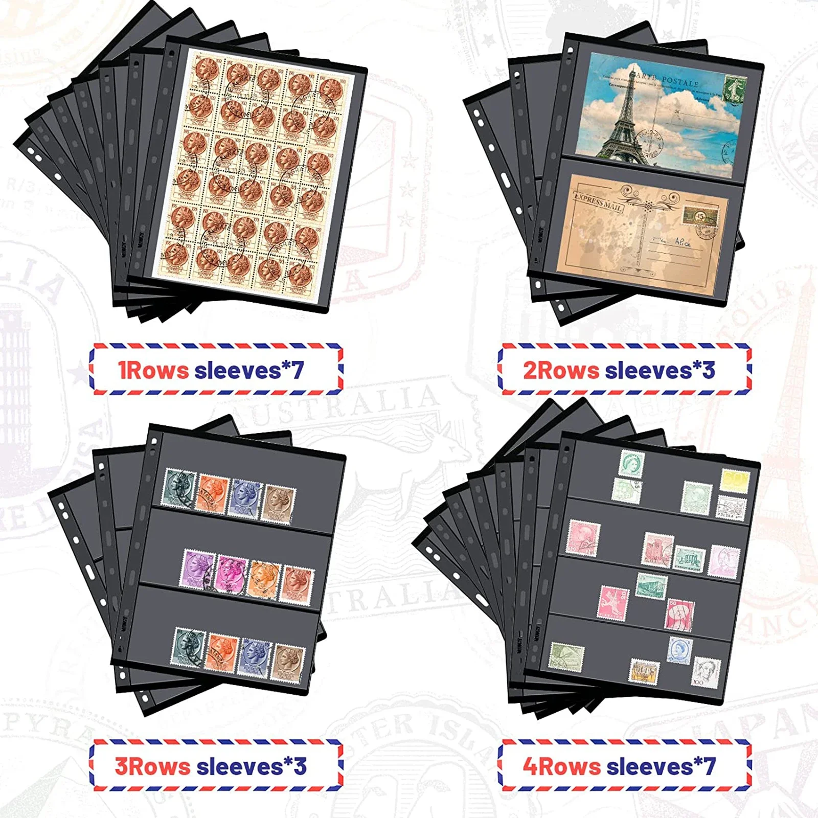 10pcs /Lot Stamp Album Collection Refill Pages 2 3 4 5 7 Grid Lines Acid Free Stamp Holder Sheet Black Clear Money Banknote Page
