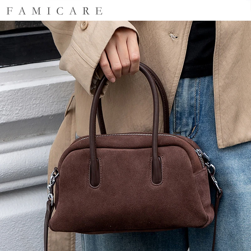 

Fall Winter New Suede Leather Pillow Bowling Bag Shoulder Crossbody Handheld Tote Women Versatile Luxury Designer Handbag