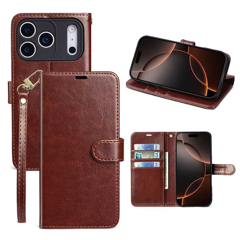 Luxus Flip Leder Handgelenk Strap Telefon Fall für IPhone Air 17 Pro 16 15 14 13 Pro Max Brieftasche Karte Slots halter Schutzhülle