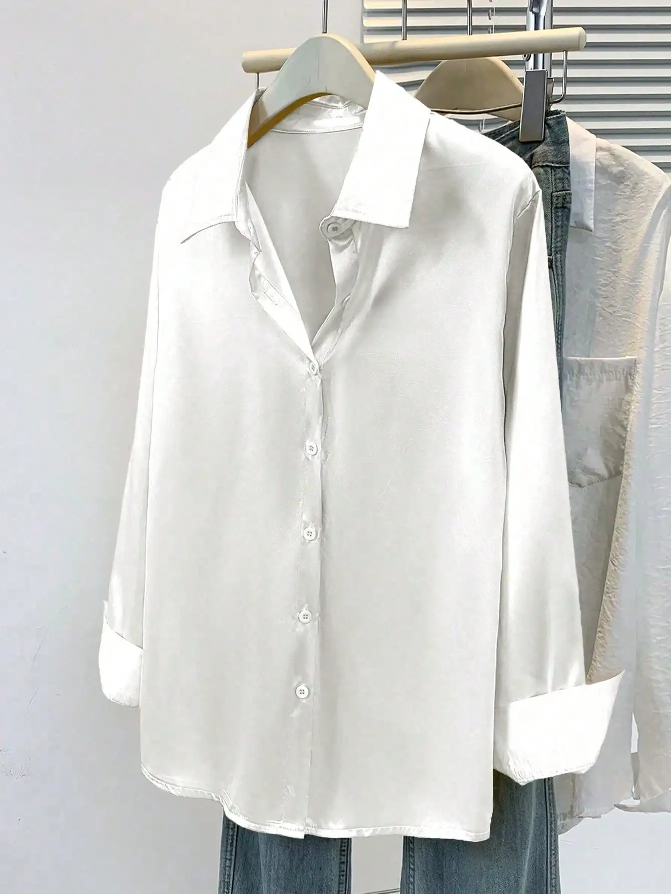 

Women's Satin Blouse Button-Up Shirt Collared Business Casual Office Leisure Wear