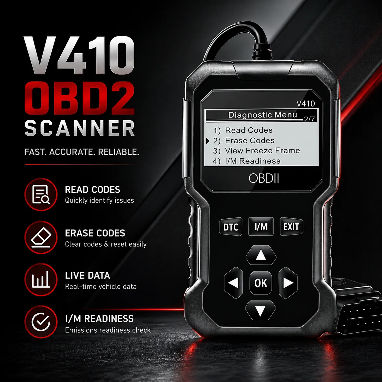 V410 Professional OBDII Scanner for Cars, Read & Clear Engine Trouble Codes, Live Data Stream, I/M Readiness, Battery Voltage Ch