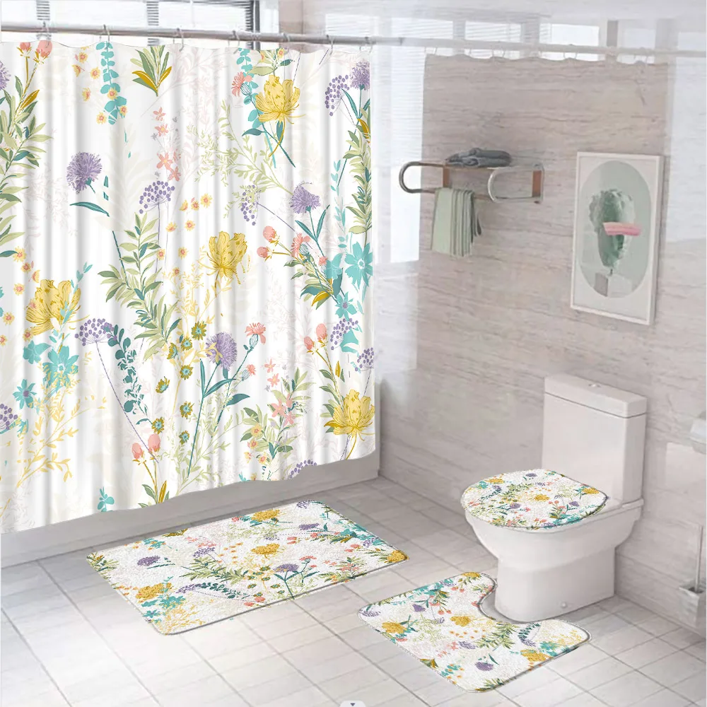 4Pc Shower Curtain Set Floral Watercolor Red Flower Purple Colorful Non-Slip Rugs Toilet Lid Cover Bath Mat Bathroom Decor Home