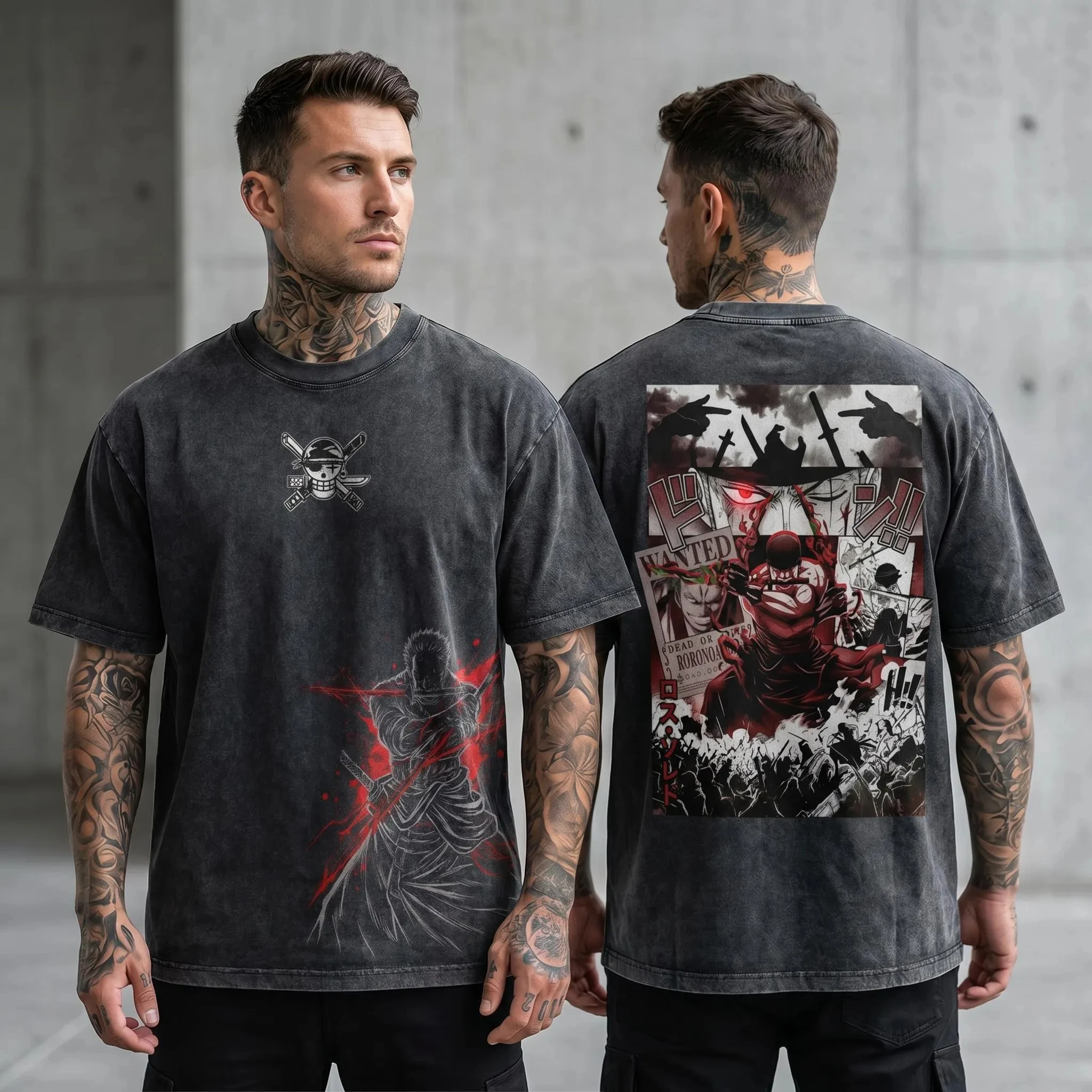 Vintage Washed Roronoa Zoro One Piece Anime T Shirt Manga Collage Three Swords Graphic Oversized Cotton Streetwear Tee