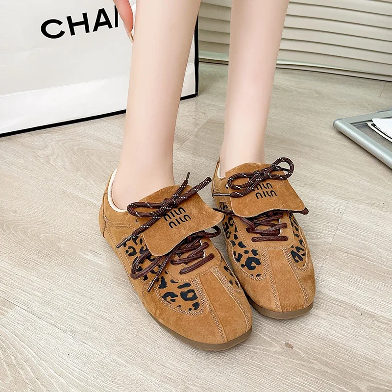 Women Sneakers 2024 Spring And Autumn New Retro Leopard Print German Training Shoes Women Contrast Flat Casual Shoes Women