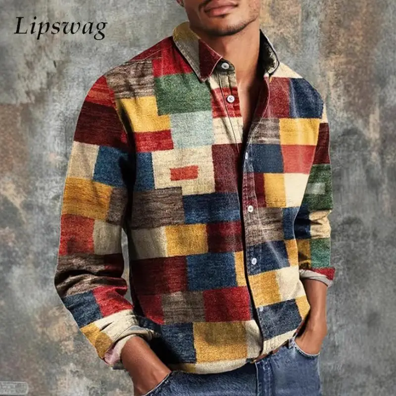 

Vintage Graphic Printing Shirts Mens Long Sleeve Button-up Turn-down Collar Casual Shirt 2025 Autumn Fashion Men's Shirt Blouses